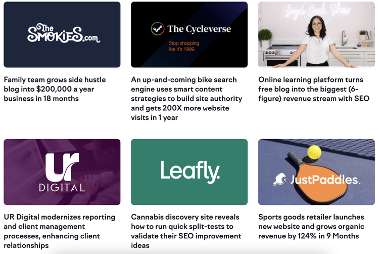 Grid de historias de éxito mostrando SMOKUS.com, The Cycleverse, Udemy, UR Digital, Leafly, JustPaddles