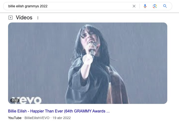 Google Video resultado de Billie Eilish en Grammy Awards performance