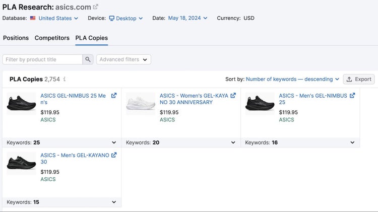 La herramienta de investigación PLA de Semrush muestra cuatro copias PLA para asics.com junto con las zapatillas que las acompañan