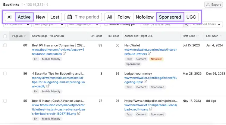 "Pestañas "Activo" y "Patrocinado" seleccionadas en el informe "Backlinks