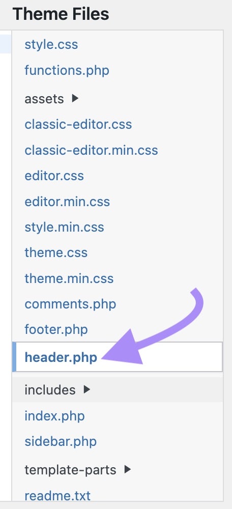 Archivo "header.php" seleccionado
