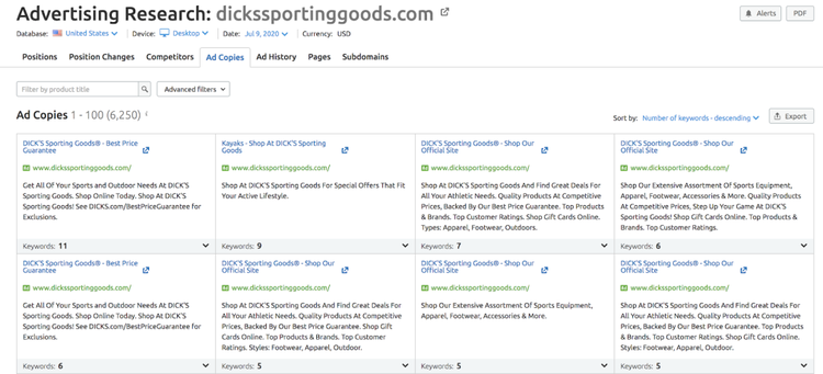 advertising research showing copies of ads