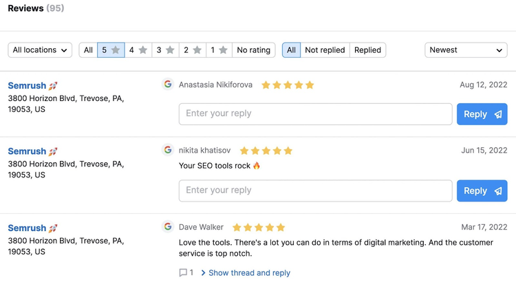 Reseñas Google Business Semrush con respuestas y interfaz comentarios