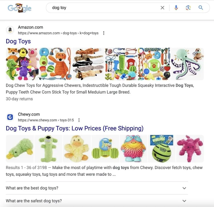 Resultados de Google para una búsqueda de "juguete para perro