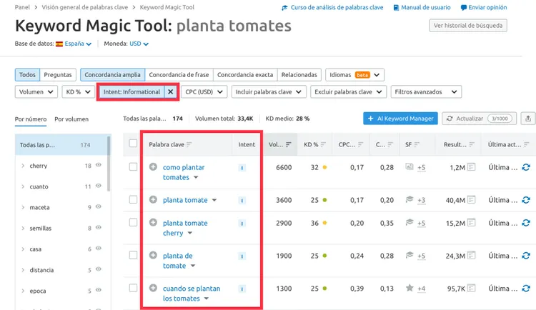 Keyword Magic Tool: filtro intención búsqueda informativa