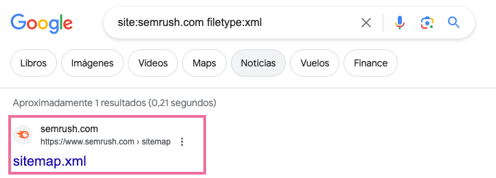 Resultados Google mostrando archivo sitemap.xml de semrush.com
