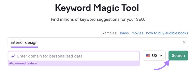 Keyword Magic Tool con "diseño de interiores" introducido y "Buscar" pulsado