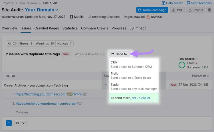 "Enviar a…" menú desplegable, con opciones "CRM", "Trello" y "Zapier".