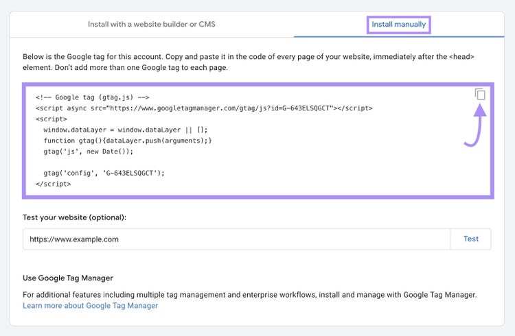 Fragmento de código JavaScript en la pestaña "Instalar manualmente