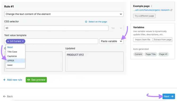Elegir una plantilla de valores de prueba en la configuración de la herramienta