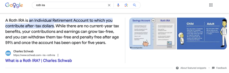 Página de aterrizaje de Charles Schwab sobre IRAs en Google SERP