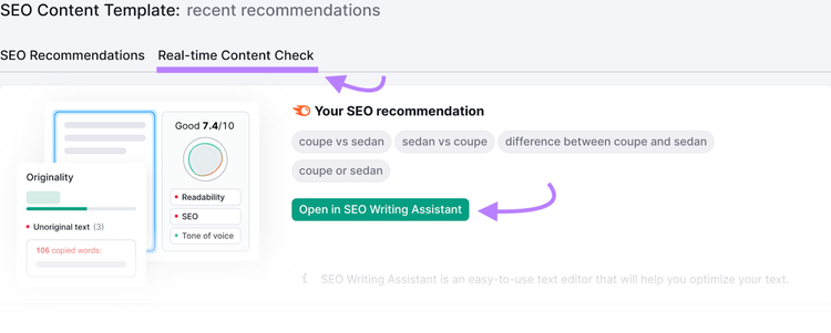 Botones "Comprobar contenido en tiempo real" y "Abrir en Asistente de redacción SEO" resaltados