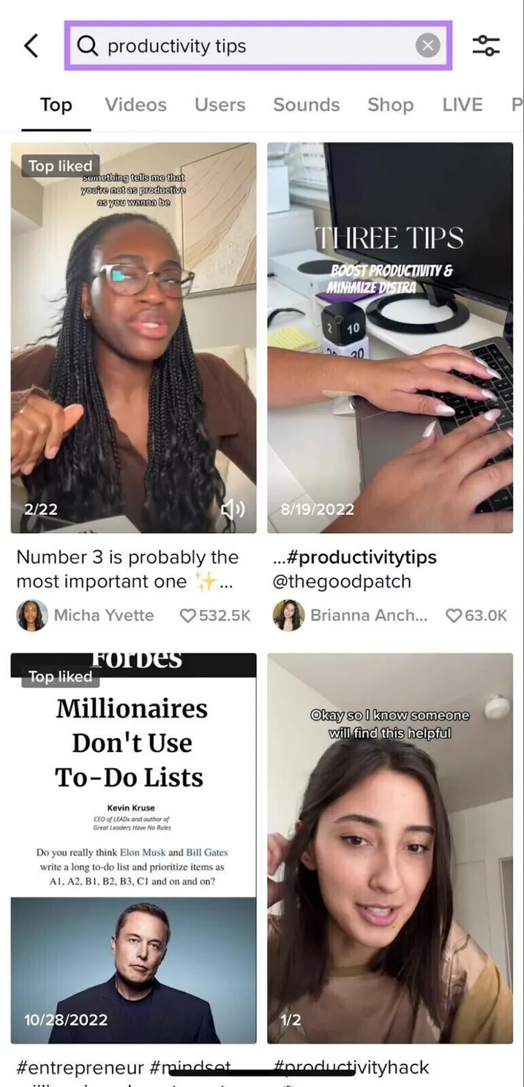 buscando "consejos de productividad" en la función de búsqueda de TikTok