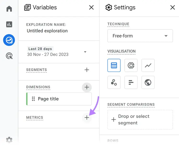 Icono "+" resaltado junto a "METRICS".