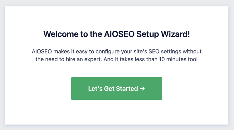 Página "Bienvenido al Asistente de Configuración de AIOSEO" con el botón "Comencemos".