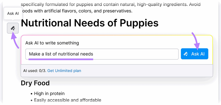 Pregunta "Haz una lista de necesidades nutricionales" en "Pregunta a AI"