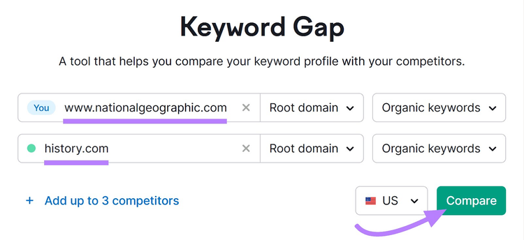"www.nationalgeographic.com" y "history.com" introducidos en la barra de búsqueda de la herramienta Keyword Gap