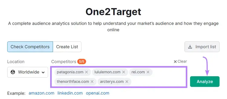 "patagonia.com" "lululemon.com" "rei.com" "thenorthface.com" y "arcteryx.com" introducidos en la barra de búsqueda de One2Target