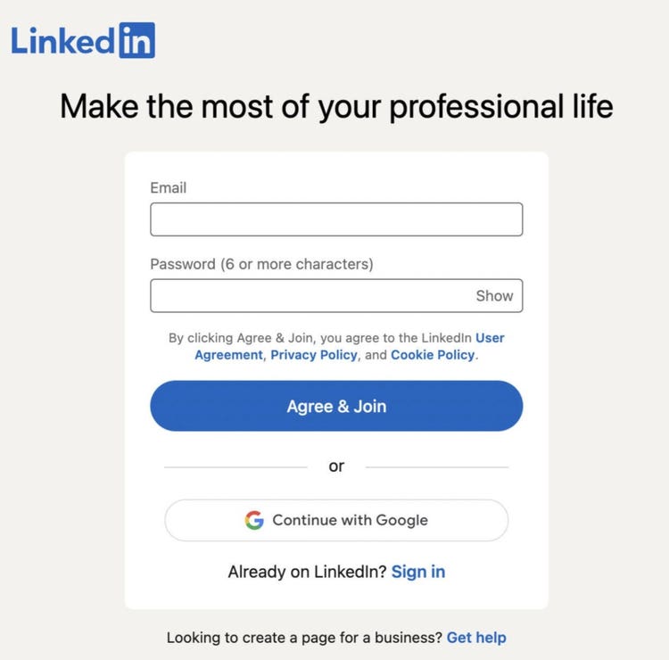 Formulario de registro de LinkedIn Premium