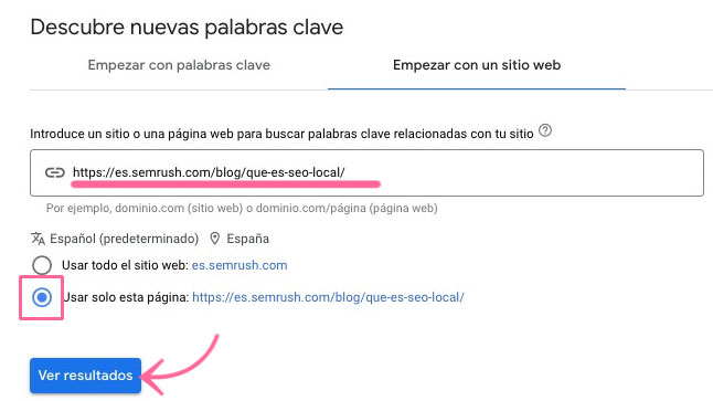 Keyword Planner discover new keywords from website with website option selected