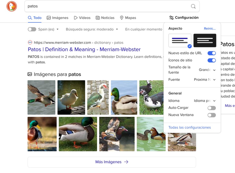 Yahoo: búsqueda de patos con imagen y opciones de configuración personalizado
