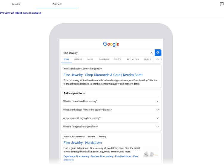 Herramienta "Vista previa del anuncio..." que muestra la pantalla de una tableta con una SERP de "joyería fina" para usuarios franceses.