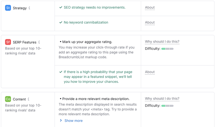 sugerencias de ideas para "Estrategia", "Características SERP" y "Contenido"