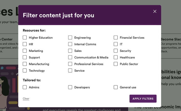"Filer contenido sólo para ti" pop-up en la web de Slack