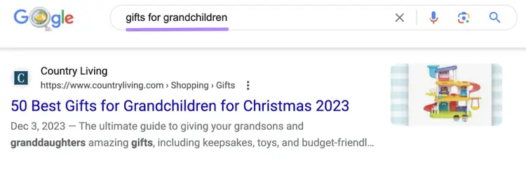 Primer resultado de búsqueda de Google para "regalos para nietos" consulta