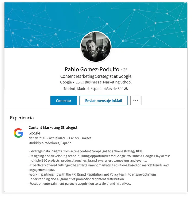 Perfil LinkedIn Pablo Gomez-Rodulfo, Content Marketing Strategist en Google