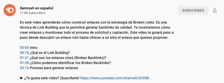 Descripción video YouTube Broken Links strategy de Semrush español