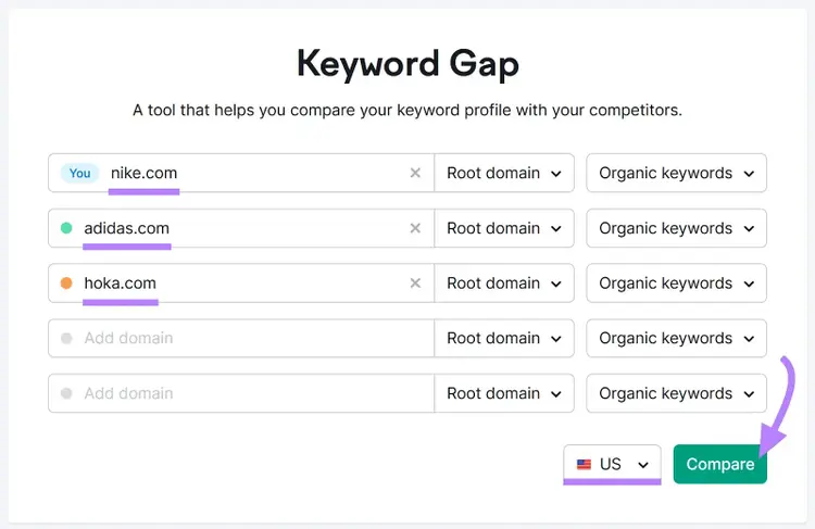 "nike.com", "adidas.com" y "hoka.com" introducidos en la barra de búsqueda de Keyword Gap