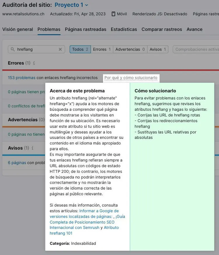 Detalle de problema hreflang mostrando explicación y recomendaciones de solución