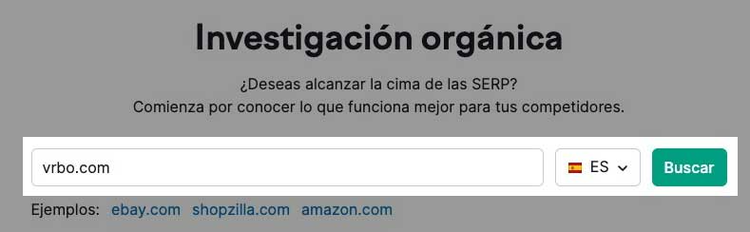Pantalla de búsqueda de investigación orgánica con campo para ingresar dominio