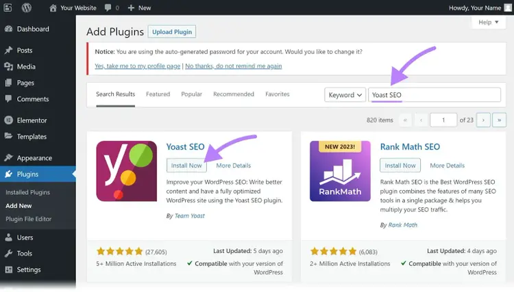 "Yoast SEO" seleccionado en el panel de plugins