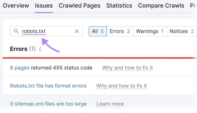 Resultados para "robots.txt" en la pestaña "Problemas" de la herramienta de auditoría del sitio.