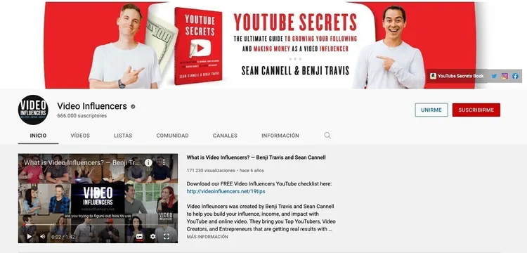 Canal YouTube Video Influencers con 600K+ suscriptores guías vídeo