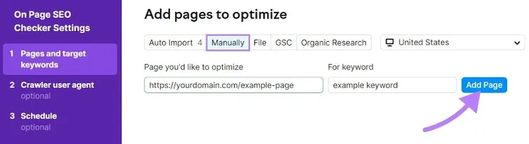 Ventana "Añadir páginas para optimizar - Manualmente" en Configuración del Comprobador SEO On Page