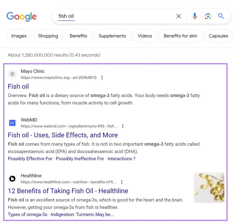 SERP de Google para la consulta "aceite de pescado"