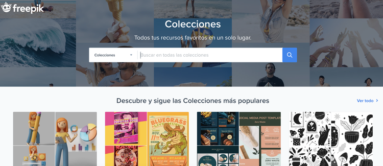 Freepik colecciones de recursos: página que muestra categorías de imágenes y diseños