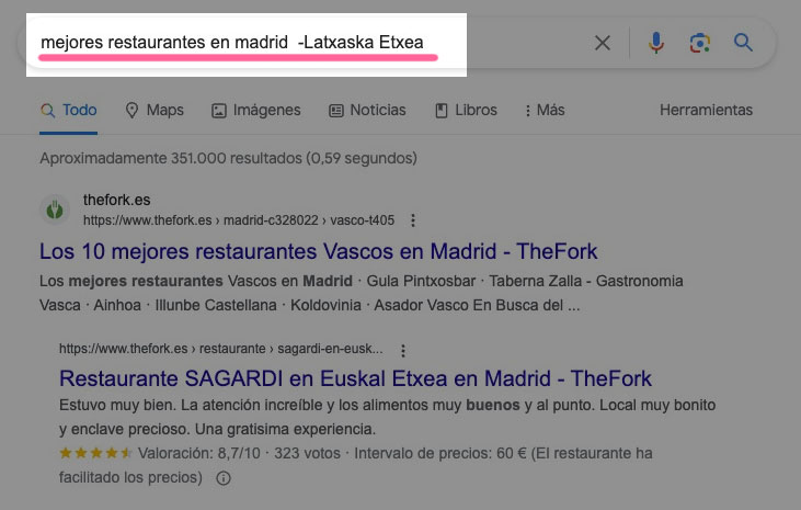 Búsqueda Google 'mejores restaurantes madrid -Latxaska Etxea' mostrando resultados de TheFork