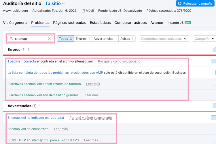 Errores en el sitemap XML en Semrush