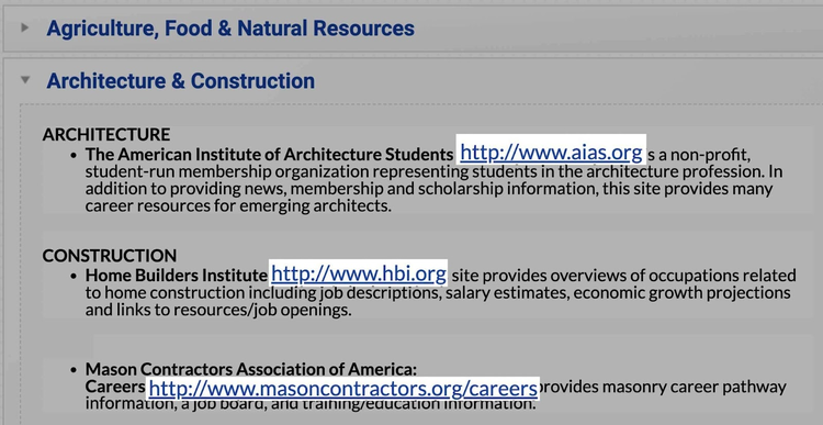 Página de recursos listando enlaces a sitios de educación y construcción (AIAS, HBI, Mason Contractors)