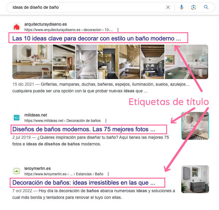 Guía de meta descripciones en SERP mostrando descripciones destacadas en caja rosa