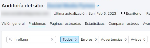 Site Audit search showing 'hreflang' filter with all/errors/warnings/notices categories