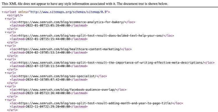 Sitemap xml del blog de Semrush que muestra una lista completa de URL en texto sin formato para que los rastreadores puedan acceder a ellas fácilmente