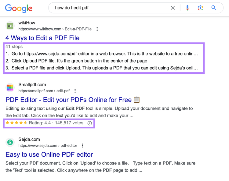 un ejemplo de las diferentes características de la SERP de Google para "cómo edito pdf"
