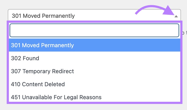 Desplegable con diferentes tipos de redireccionamiento para elegir, incluyendo 301, 302, 307, 410, etc. en Yoast SEO.