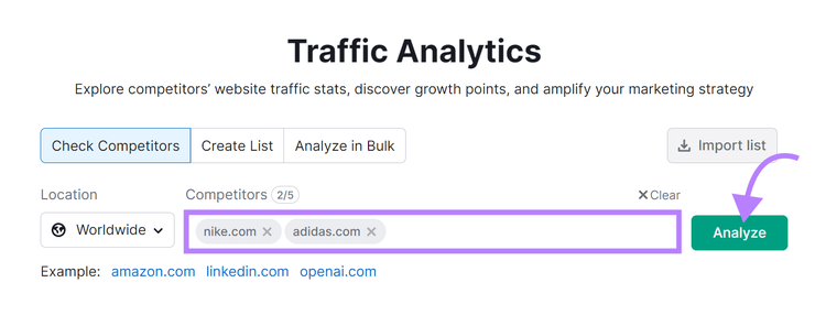 "nike.com" y "adidas.com" introducidos en la barra de búsqueda de la herramienta Traffic Analytics