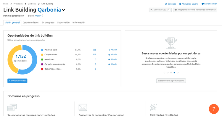 Semrush Link Building mostrando 1,152 oportunidades para Qarbonia